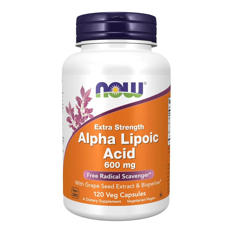 NOW Supplements Alpha Lipoic Acid 600 mg, Extra Strength, with Grape Seed Extract and Bioperine, 120 vegetarian capsules bottle
